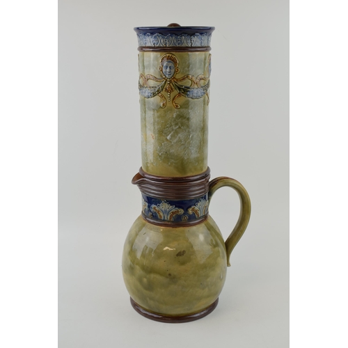 191 - Large Royal Doulton stoneware water filter and jug with lid, mottled green glaze, with mask and ribb... 