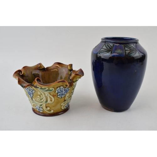 192 - Doulton Lambeth floral spray vase with shaped edge, 12cm wide, with a blue Doulton vase with floral ... 