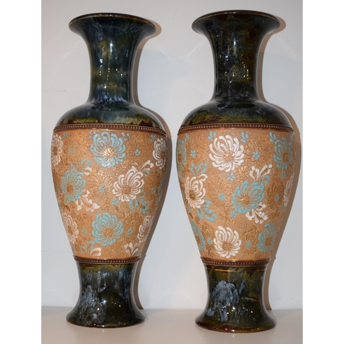 195 - A pair of large Doulton Lambeth Slaters Patent baluster vases, 46.5cm tall, (2).