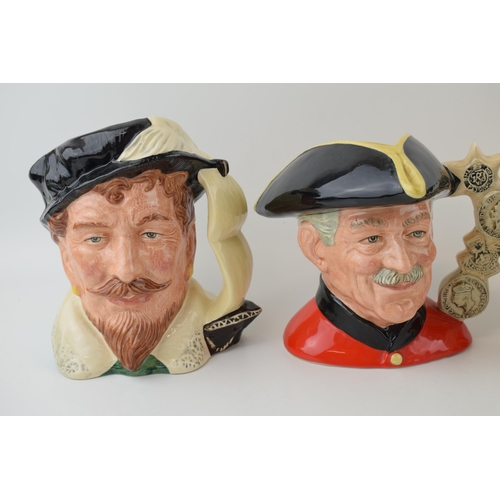 206 - Large Royal Doulton character jugs to include Yeoman of the Guard, Chelsea Pensioner, Francis Drake ... 