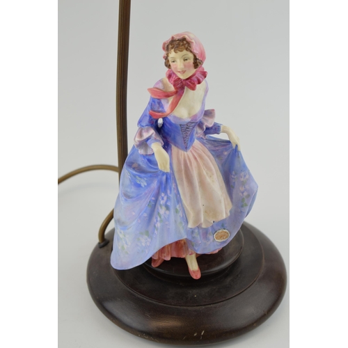 226 - Royal Doulton figural table lamp with pink shade, Suzette, HN1577, in floral blue colourway, with re... 