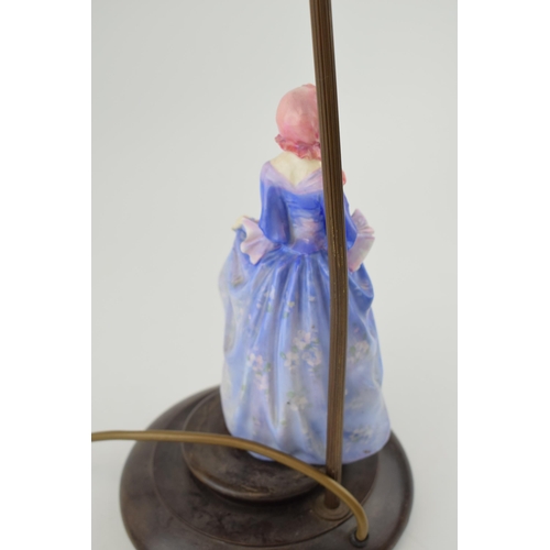 226 - Royal Doulton figural table lamp with pink shade, Suzette, HN1577, in floral blue colourway, with re... 