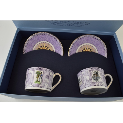 248 - Boxed Wedgwood cups and saucers in the Millenium pattern with matt Coalport figure 'On The Balcony' ... 