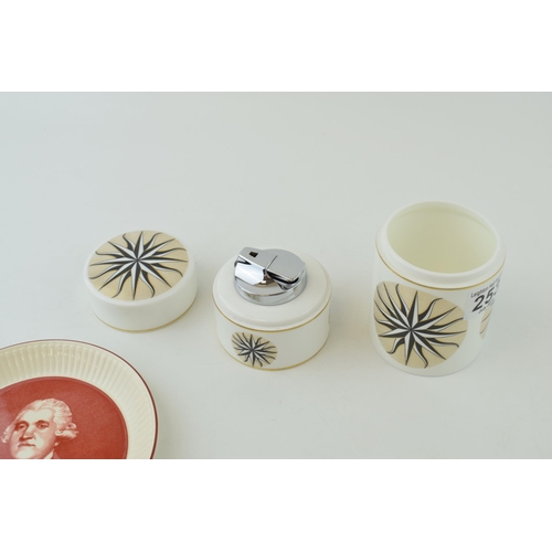 253 - Wedgwood three in one cylindrical cigarette box, lighter and ashtray set. Height 17cm. Together Josi... 