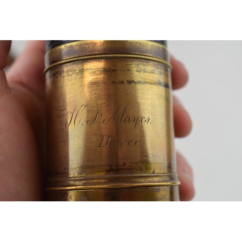 283 - An antique telescope, inscribed  'H.F. Mayes. Dover'. Original leather case and brass end cap. Lengt... 