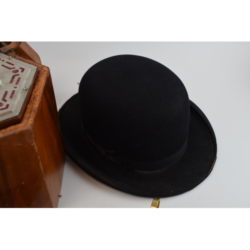 295 - An I L Evans of Hanley bowler hat with a vintage wooden cased squeeze box, a silver topped candlesti... 