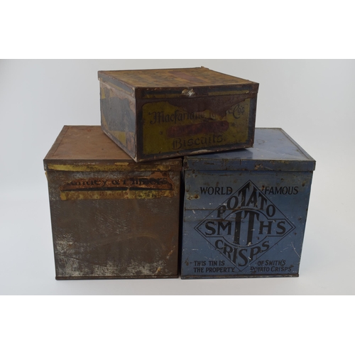 347 - A collection of advertising tins to include large shop counter 'Smiths Potato Crisps', 'Huntley & Pa... 