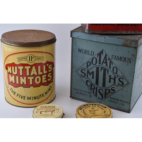 348 - A large 'Smiths' Potato Crisps shop counter size tin together with a 'Nuttall's Mintoes' and other s... 