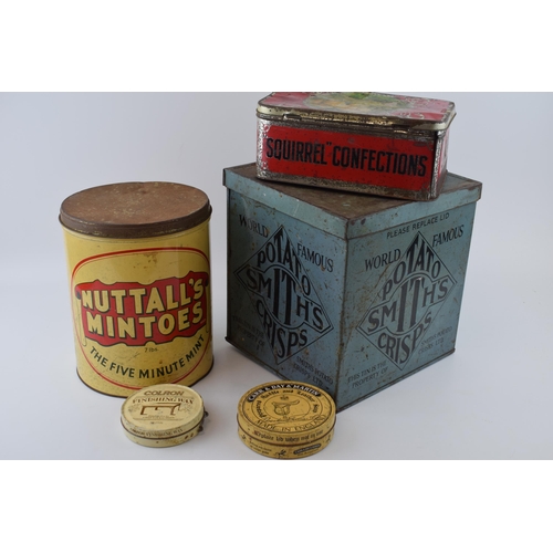 348 - A large 'Smiths' Potato Crisps shop counter size tin together with a 'Nuttall's Mintoes' and other s... 