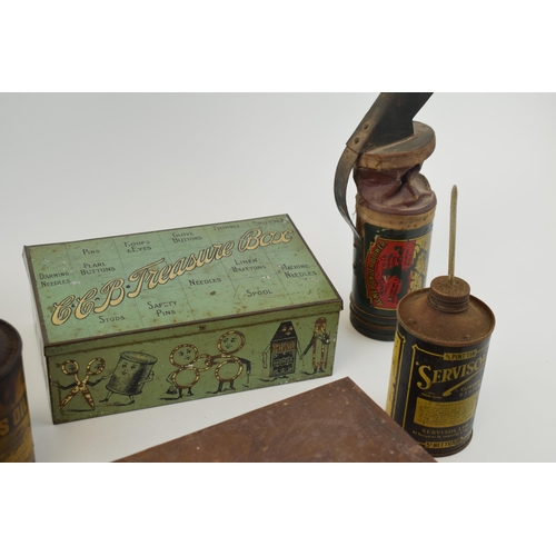 349 - A collection of advertising tins 'C.C.B Treasure Box', 'Harness Oil', 'Servisol', 'Quick Service Fus... 