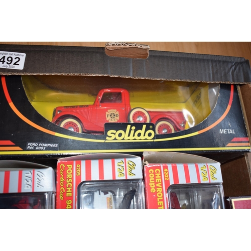 492 - A collection of boxed vintage die cast vehicles to include Solido 8003 and 8005 Fire Engines, Majore... 