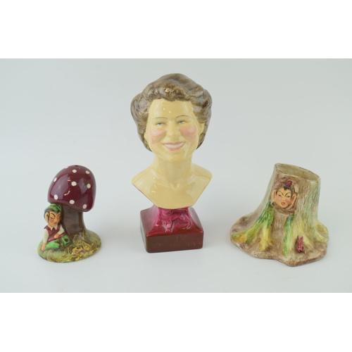 72 - A collection of Morton Pottery to include a bust of Queen Elizabeth II and two pixies amongst foliag... 