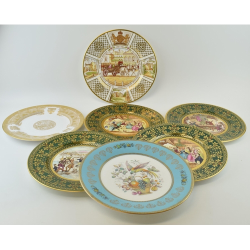 75 - An Aynsley dinner plate of a bird amongst fruits with Caverswall Pickwick club plates with gilt deco... 