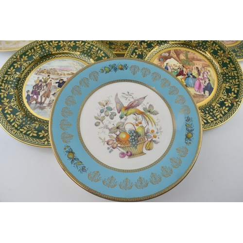 75 - An Aynsley dinner plate of a bird amongst fruits with Caverswall Pickwick club plates with gilt deco... 