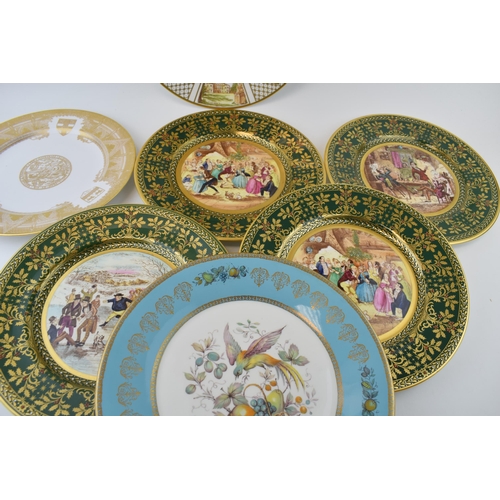 75 - An Aynsley dinner plate of a bird amongst fruits with Caverswall Pickwick club plates with gilt deco... 