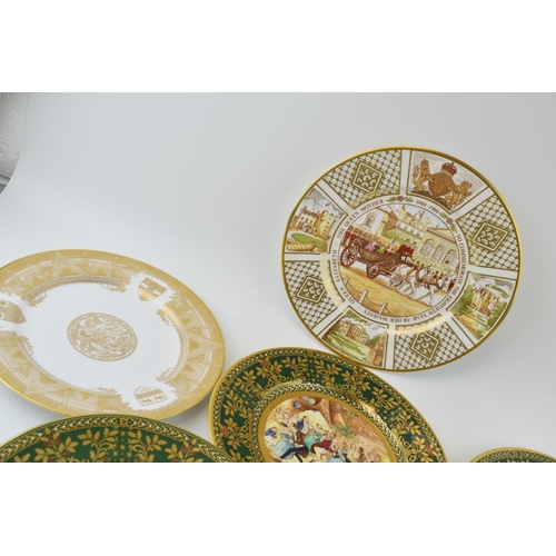 75 - An Aynsley dinner plate of a bird amongst fruits with Caverswall Pickwick club plates with gilt deco... 