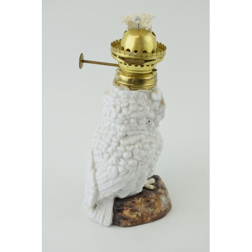 98 - 19th century continental porcelain oil lamp in the form of a standing owl, with glass eys, naturalis... 