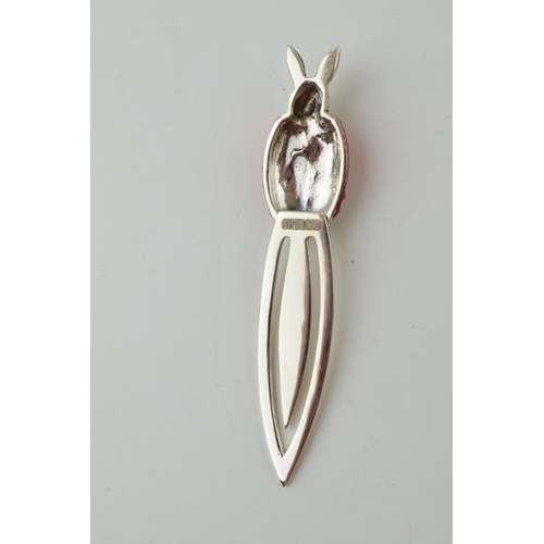 608 - Sterling silver bookmark with an Easter bunny, red enamel, 6cm tall.