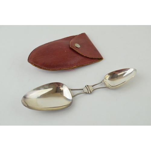 609 - Sterling silver folding tea spoon and dessert spoon, 16cm wide when unfolded, stamped 'R B Co', in l... 