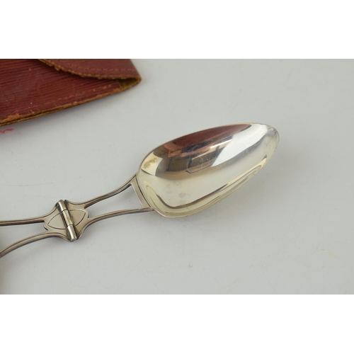 609 - Sterling silver folding tea spoon and dessert spoon, 16cm wide when unfolded, stamped 'R B Co', in l... 