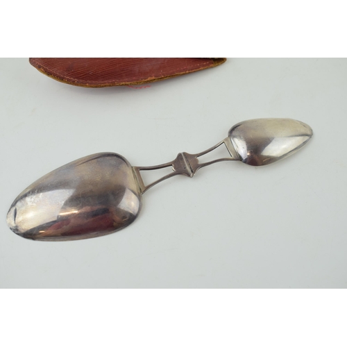 609 - Sterling silver folding tea spoon and dessert spoon, 16cm wide when unfolded, stamped 'R B Co', in l... 