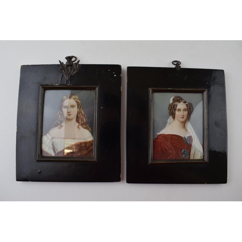 613 - A near pair of framed miniatures of two ladies, one signed 'Frapie' or similar, 15cm inc frames (2).