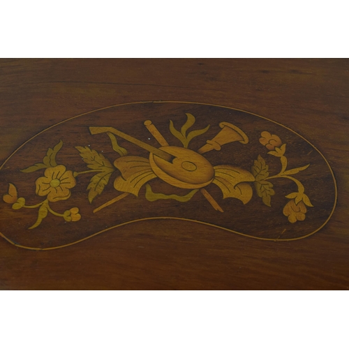 617 - Edwardian inlaid kidney tray with brass handles, shaped edge, 59cm long.