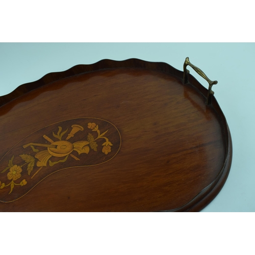 617 - Edwardian inlaid kidney tray with brass handles, shaped edge, 59cm long.