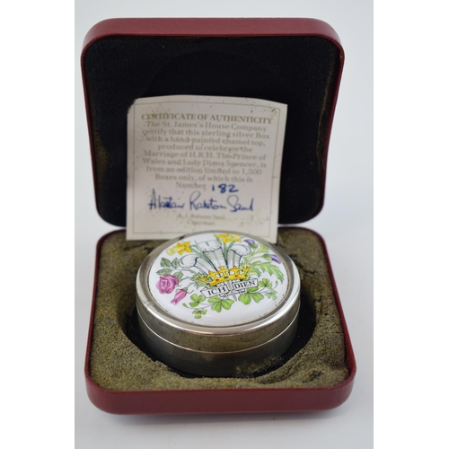 630 - Cased Royal Wedding silver and enamel pill box, gross 54.8g.