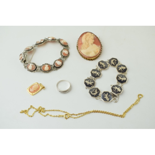 645 - A collection of shell cameo jewellery to include pinchbeck brooch, bracelet on silver, gold-plated n... 