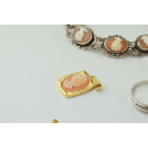 645 - A collection of shell cameo jewellery to include pinchbeck brooch, bracelet on silver, gold-plated n... 