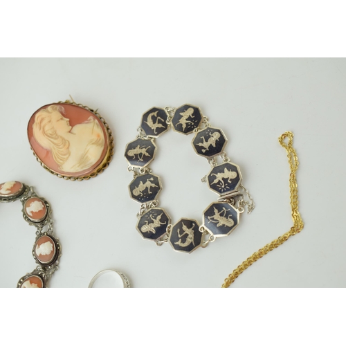 645 - A collection of shell cameo jewellery to include pinchbeck brooch, bracelet on silver, gold-plated n... 