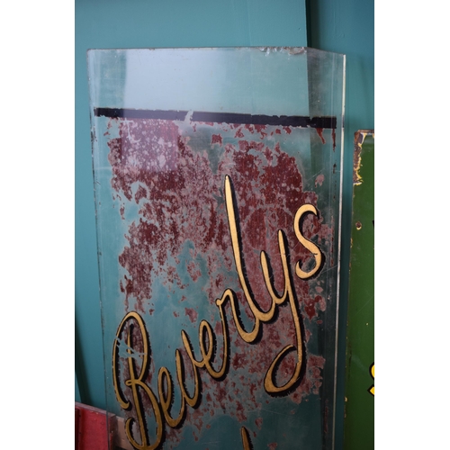 328 - Antique shop advertising cut glass window for 'Beverlys Ltd.' shop in Leek, Staffordshire. Gilt sign... 