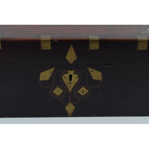 445 - Late 19th century wooden and brass bound travelling chest, with fitted interior and mirror, brass es... 