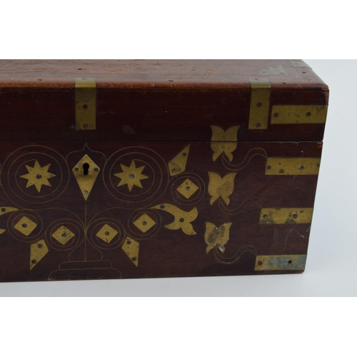 446 - Victorian brass bound wooden box, fitted interior with central mirror, floral brass inlaid decoratio... 