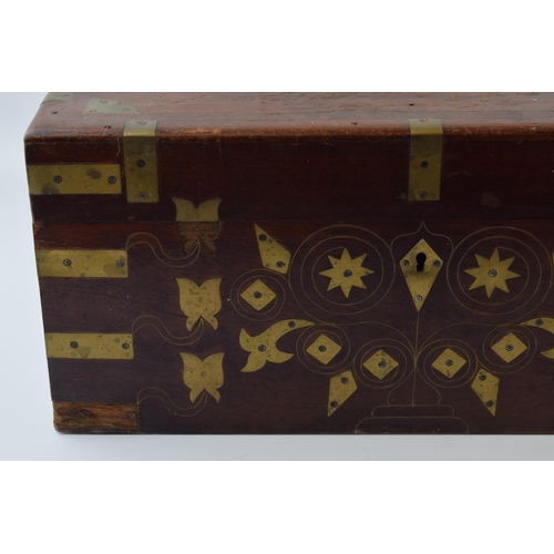 446 - Victorian brass bound wooden box, fitted interior with central mirror, floral brass inlaid decoratio... 