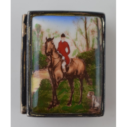 576 - Continental 925 Silver Pill Box Vesta case with Porcelain Enamel Hunting Scene