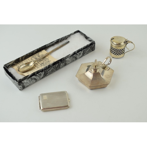 603 - Silver to include an oil candlestick, Birmingham 1942, with a case with engineered decoration, a mar... 