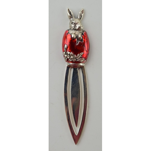 608 - Sterling silver bookmark with an Easter bunny, red enamel, 6cm tall.