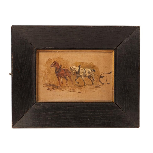 114 - Oil on board depicting two horses pulling a plough. possibly a preparity sketch that could be attrib... 