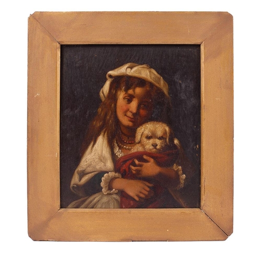 115 - Geotz 1878 signed oil on canvas in gilt frame depicting girl holding dog in blanket. 17cm x 20cm.