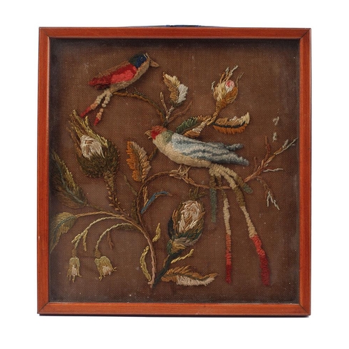 122 - Wool-work embroidery, early 19th century folk art style study of two birds. 20cm x 21cm.