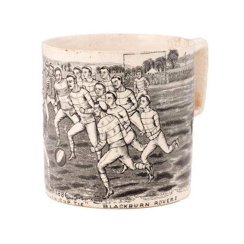 130 - Rare Staffordshire Pottery Transfer Printed Pint Mug Depicting Both Teams in the 1886 English Footba...