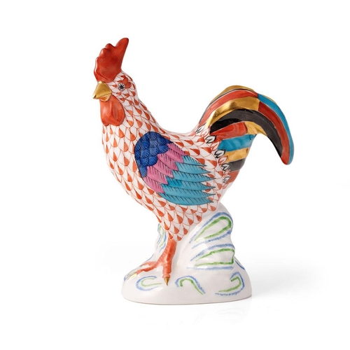 145 - Herend pottery (Hungary) figure of a Rooster, pattern 5032, in rust red fishnet/fish scale  decorati... 