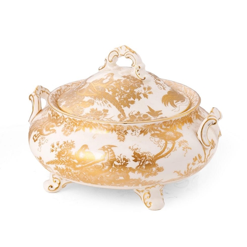 154 - Royal Crown Derby lidded tureen in the 'Gold Aves' pattern, raised on scroll feet, 22.5cm wide.