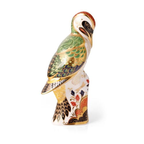 160 - Boxed Royal Crown Derby paperweight, Green Woodpecker, 17.5cm high, gold stopper, red Royal Crown De... 