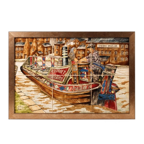 165 - Cobridge Stoneware (sister company of Moorcroft) large framed plaque of a potteries canal scene, wit... 