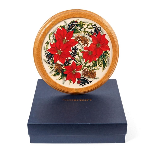 166 - Boxed Moorcroft charger 'Festive Feelings' in light oak frame, signed by Helen Dale, 30.5cm wide.