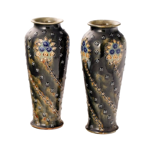 176 - Royal Doulton pair of Art Nouveau vases, tubelined, stylized floral decoration, 25.5cm tall, artists... 