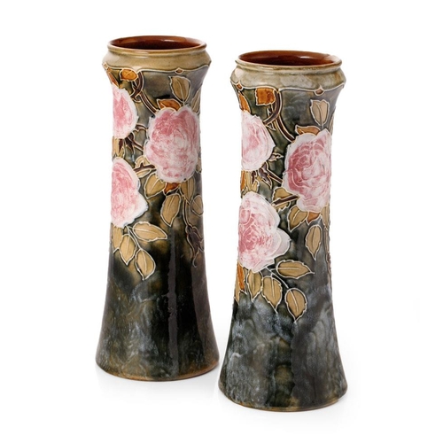 177 - Royal Doulton stonewarea Art Nouveau pair of vases with pink and floral decoration, 'LP' for Lily Pa... 